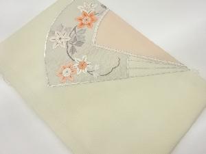 未使用品　絽銀駒刺繍扇花枝葉模様名古屋帯